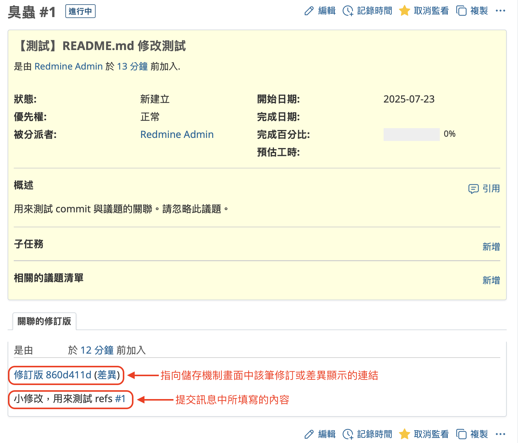 議題會附加一個指向版本庫畫面的連結